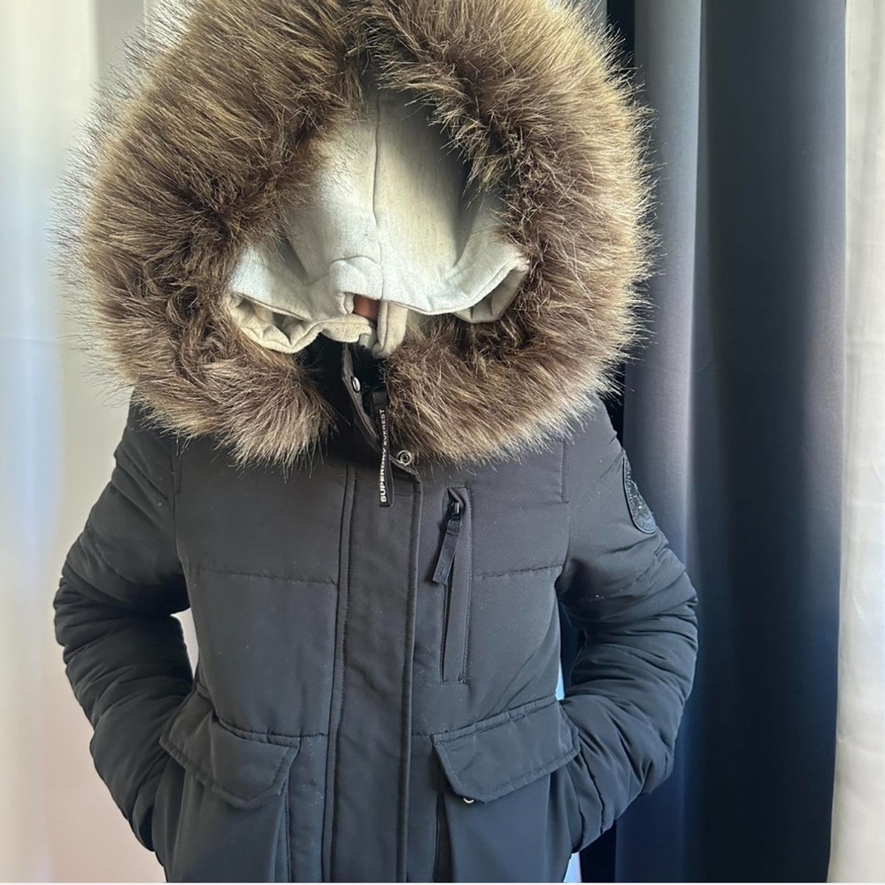 Superdry women Black Puffer Jacket with Fur Hood